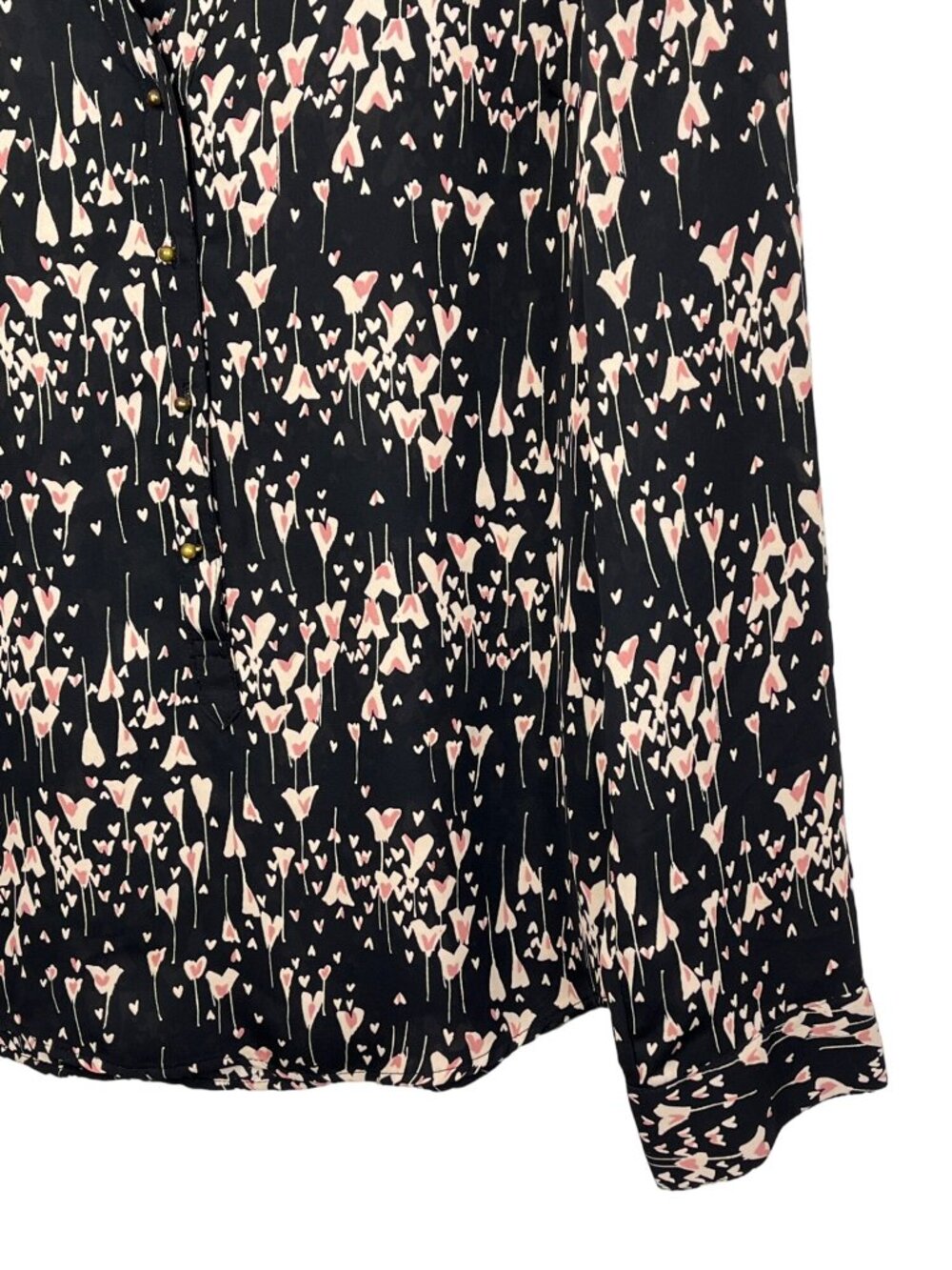 LC Lauren Conrad Womens XS Black Pink Floral Roll Tab Sleeve Blouse - Picture 10 of 12